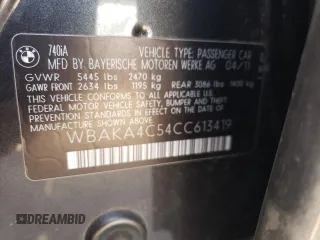 2012 BMW 7 Series 740i with VIN WBAKA4C54CC613419, listed as a Copart auction lot 54420885 with 104,006 mi miles and Salvage Title. Bid and sale history available at carsss.com. Image 12.