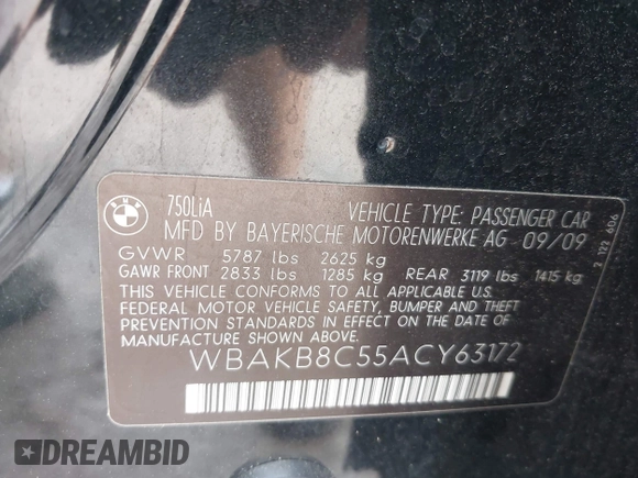 2010 BMW 7 Series 750Li с VIN WBAKB8C55ACY63172, выставлен на аукционе IAAI как лот 42130636 с пробегом 111 276 миль миль и . История ставок и продаж доступна на DreamBid. Изображение 9.