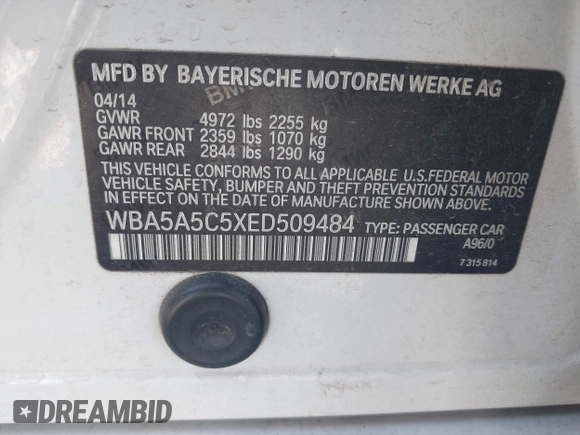 2014 BMW 5 Series 528i with VIN WBA5A5C5XED509484, listed as a IAAI auction lot 42607996 with 114,172 mi miles and . Bid and sale history available at DreamBid. Image 9.
