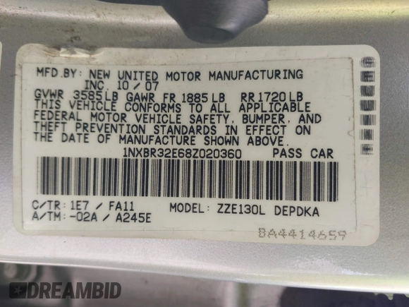 2008 Toyota Corolla CE with VIN 1NXBR32E68Z020360, listed as a IAAI auction lot 41109113 with 63,962 mi miles and . Bid and sale history available at DreamBid. Image 9.