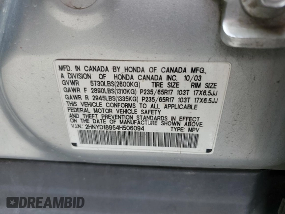 2004 Acura MDX Touring Pkg RES w/Nav with VIN 2HNYD18954H506094, listed as a Copart auction lot 52831585 with 218,658 mi miles and Salvage Title. Bid and sale history available at carsss.com. Image 16.