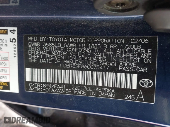 2006 Toyota Corolla CE z VIN JTDBR32E860075417, wystawiony jako IAAI lot #42477784 z przebiegiem 187 325 mil mil oraz . Historia ofert i sprzedaży dostępna na DreamBid. Obrazek 9.