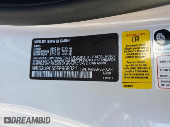 2015 BMW M4 z VIN WBS3U9C55FP968021, wystawiony jako Copart lot #51234915 z przebiegiem 36 959 mil mil oraz Szkoda całkowita • Salvage title. Historia ofert i sprzedaży dostępna na DreamBid. Obrazek 12.