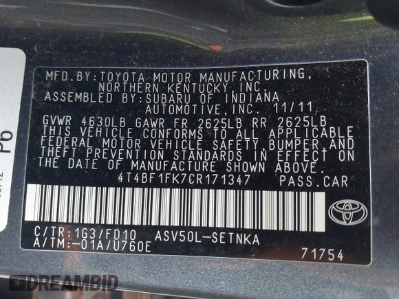 2012 Toyota Camry L with VIN 4T4BF1FK7CR171347, listed as a IAAI auction lot 41829249 with 221,350 mi miles. Bid and sale history available at carsss.com. Image 9.
