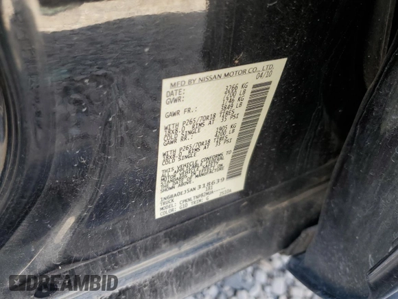 2010 Nissan Titan XE with VIN 1N6BA0EJ5AN318639, listed as a Copart auction lot 69776984 with 158,913 mi miles and Salvage Title. Bid and sale history available at carsss.com. Image 12.