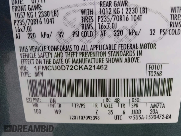 2012 Ford Escape XLT with VIN 1FMCU0D72CKA21462, listed as a IAAI auction lot 42152079 with 176,223 mi miles and . Bid and sale history available at DreamBid. Image 9.