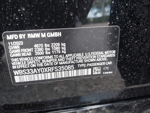 2024 BMW M3 Competition with VIN WBS33AY0XRFS35085, listed as a IAAI auction lot 42353608 with 6,991 mi miles and . Bid and sale history available at DreamBid. Image 9.