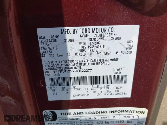 2009 Ford F-150 XL z VIN 1FTPW12V79FB22277, wystawiony jako IAAI lot #42681223 z przebiegiem 234 833 mil mil oraz . Historia ofert i sprzedaży dostępna na DreamBid. Obrazek 9.