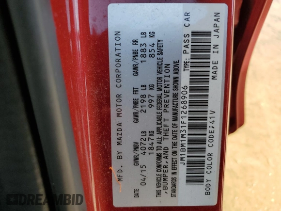 2015 Mazda 3 S Grand Touring with VIN JM1BM1M31F1268906, listed as a Copart auction lot 51821515 with 111,662 mi miles and Salvage title. Bid and sale history available at DreamBid. Image 14.
