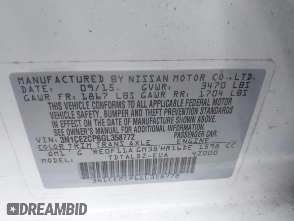 2016 Nissan Note S z VIN 3N1CE2CP6GL358772, wystawiony jako IAAI lot #42621511 z przebiegiem 100 915 mil mil oraz . Historia ofert i sprzedaży dostępna na DreamBid. Obrazek 9.