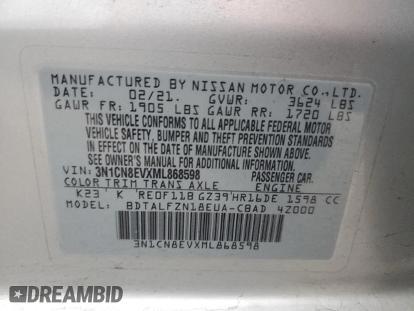 2021 Nissan Versa SV with VIN 3N1CN8EVXML868598, listed as a Copart auction lot 80665304 with 85,875 mi miles and Salvage title. Bid and sale history available at DreamBid. Image 14.