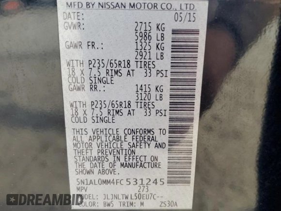 2015 Infiniti QX60 with VIN 5N1AL0MM4FC531245, listed as a Copart auction lot 49569695 with 205,253 mi miles and Salvage title. Bid and sale history available at DreamBid. Image 12.
