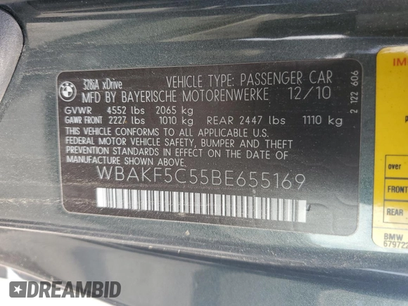 2011 BMW 3 Series 328i xDrive with VIN WBAKF5C55BE655169, listed as a Copart auction lot 66855654 with 145,140 mi miles and Non Repairable. Bid and sale history available at carsss.com. Image 12.