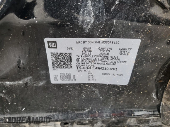 2022 GMC Acadia SLT with VIN 1GKKNUL49NZ103201, listed as a Copart auction lot 50155634 with Not provided miles and Salvage title. Bid and sale history available at DreamBid. Image 13.