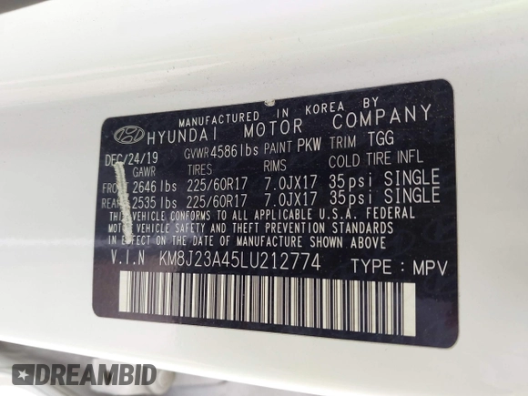 2020 Hyundai Tucson SE z VIN KM8J23A45LU212774, wystawiony jako IAAI lot #42100221 z przebiegiem 78 002 mil mil oraz . Historia ofert i sprzedaży dostępna na DreamBid. Obrazek 9.