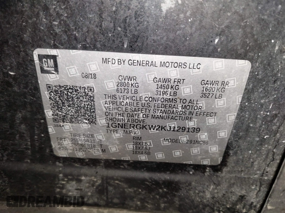 2019 Chevrolet Traverse LT Cloth with VIN 1GNERGKW2KJ129139, listed as a IAAI auction lot 41483057 with 219,032 mi miles. Bid and sale history available at carsss.com. Image 9.
