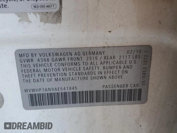 2010 Volkswagen CC Luxury с VIN WVWHP7AN9AE541845, выставлен на аукционе Copart как лот 56843825 с пробегом 133 080 миль миль и Списание • Salvage title. История ставок и продаж доступна на DreamBid. Изображение 12.