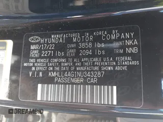 2022 Hyundai Elantra SE with VIN KMHLL4AG1NU343287, listed as a IAAI auction lot 39700530 with 37,492 mi miles and . Bid and sale history available at DreamBid. Image 9.