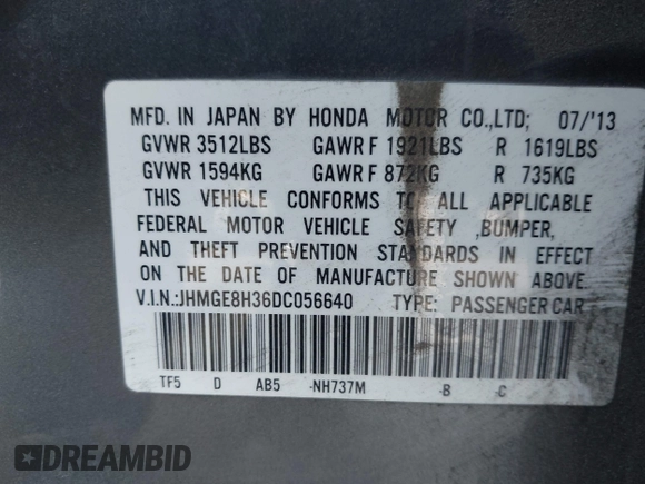 2013 Honda Fit with VIN JHMGE8H36DC056640, listed as a IAAI auction lot 41969727 with 94,564 mi miles. Bid and sale history available at carsss.com. Image 9.