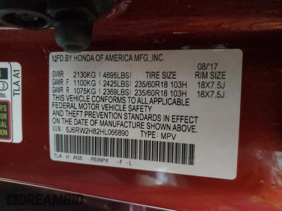 2017 Honda CR-V EX-L with VIN 5J6RW2H82HL066890, listed as a Copart auction lot 47767755 with 100,026 mi miles and Salvage Title. Bid and sale history available at carsss.com. Image 13.