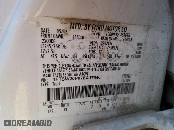 2007 Ford F-250 XL with VIN 1FTSW20P07EA17846, listed as a Copart auction lot 85540304 with 250,253 mi miles and Salvage Title. Bid and sale history available at DreamBid. Image 12.