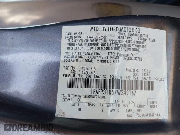 2007 Ford Focus S with VIN 1FAFP31N57W349167, listed as a IAAI auction lot 41858577 with 137,724 mi miles and . Bid and sale history available at DreamBid. Image 9.