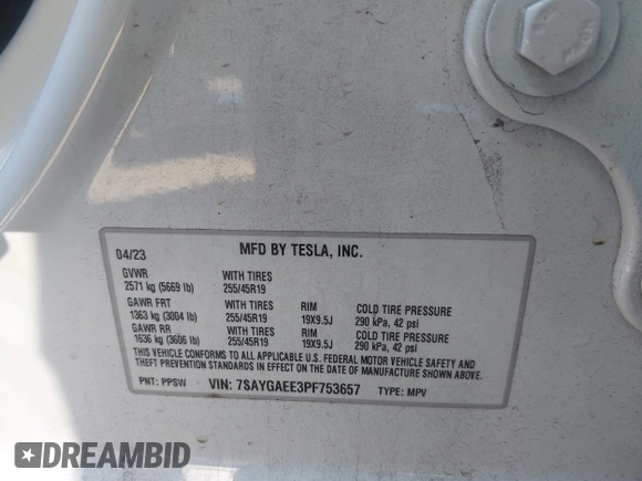 2023 Tesla Model Y Long Range with VIN 7SAYGAEE3PF753657, listed as a IAAI auction lot 41668917 with 33,301 mi miles and . Bid and sale history available at DreamBid. Image 9.