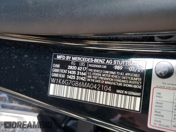 2021 Mercedes-Benz S 580 with VIN W1K6G7GB6MA042104, listed as a Copart auction lot 49778905 with 13,535 mi miles and Salvage Title. Bid and sale history available at DreamBid. Image 12.