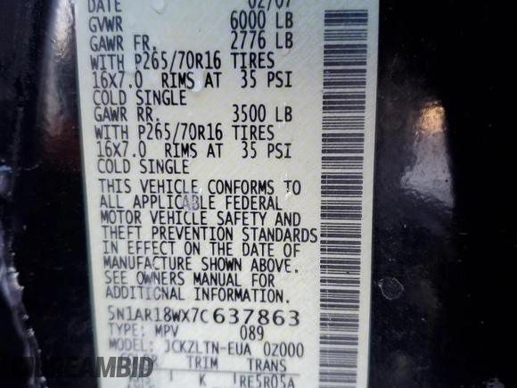 2007 Nissan Pathfinder SE with VIN 5N1AR18WX7C637863, listed as a Copart auction lot 41924315 with 196,302 mi miles and Salvage Title. Bid and sale history available at carsss.com. Image 13.