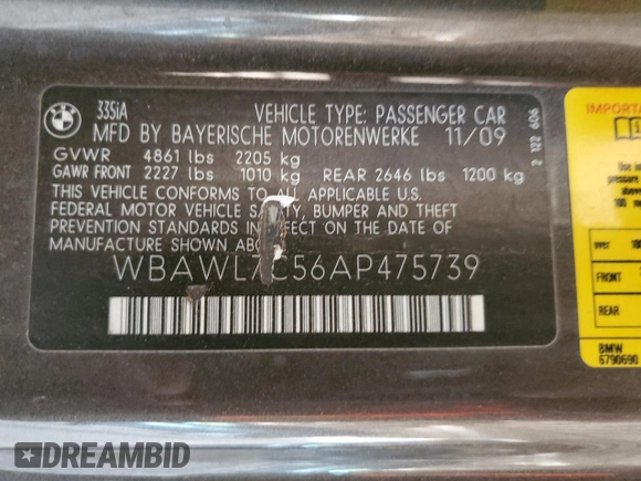 2010 BMW 3 Series 335i with VIN WBAWL7C56AP475739, listed as a Copart auction lot 63138125 with 159,049 mi miles and Clean title. Bid and sale history available at DreamBid. Image 12.