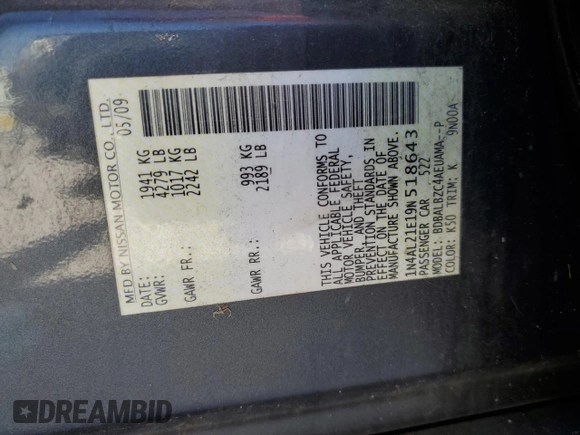 2009 Nissan Altima 2.5 S with VIN 1N4AL21E19N518643, listed as a Copart auction lot 53752725 with 119,849 mi miles and Salvage Title. Bid and sale history available at carsss.com. Image 12.