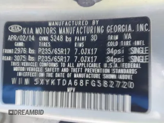 2015 Kia Sorento LX with VIN 5XYKTDA68FG582720, listed as a IAAI auction lot 41872473 with 242,994 mi miles. Bid and sale history available at carsss.com. Image 9.