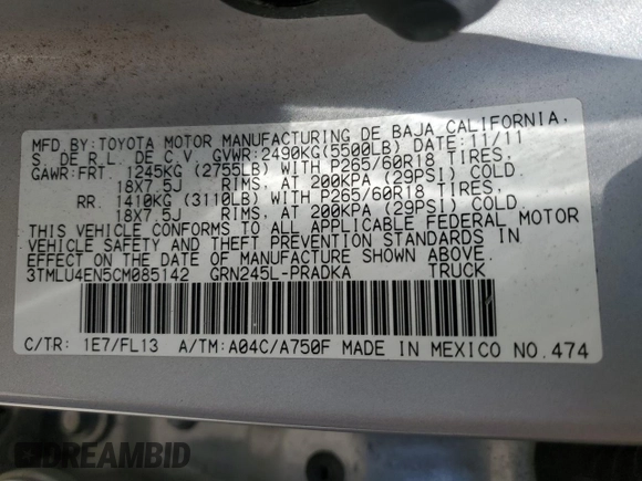 2012 Toyota Tacoma with VIN 3TMLU4EN5CM085142, listed as a Copart auction lot 56640975 with 234,090 mi miles and Salvage title. Bid and sale history available at DreamBid. Image 12.
