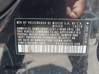 2019 Volkswagen Jetta S z VIN 3VWC57BU1KM116991, wystawiony jako IAAI lot #42377777 z przebiegiem 70 910 mil mil oraz . Historia ofert i sprzedaży dostępna na DreamBid. Obrazek 9.