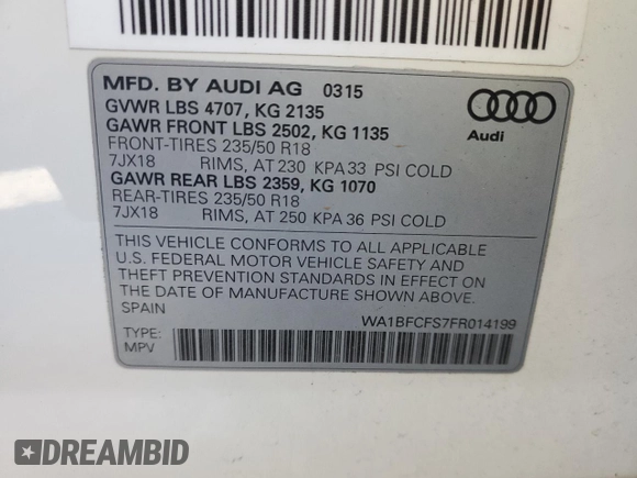 2015 Audi Q3 Premium Plus with VIN WA1BFCFS7FR014199, listed as a Copart auction lot 81987154 with 62,071 mi miles and Salvage title. Bid and sale history available at DreamBid. Image 13.
