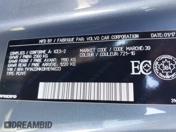 2017 Volvo S90 Momentum with VIN YV1A22MK0H1014633, listed as a IAAI auction lot 41266677 with 46,470 mi miles. Bid and sale history available at carsss.com. Image 9.