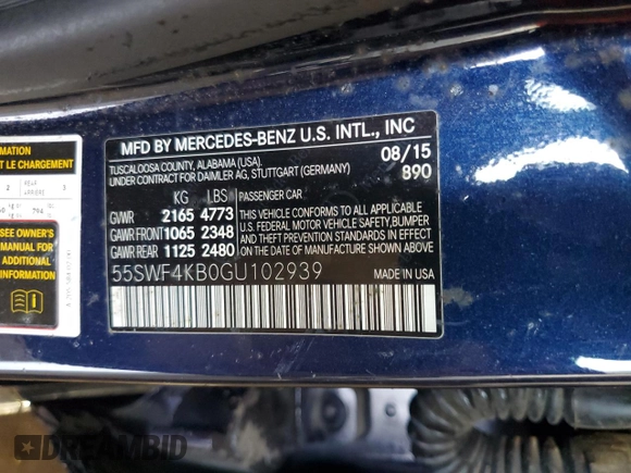 2016 Mercedes-Benz C 300 Luxury with VIN 55SWF4KB0GU102939, listed as a Copart auction lot 58472875 with Not provided miles and Clean title. Bid and sale history available at DreamBid. Image 12.