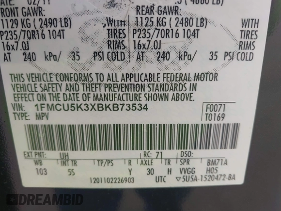 2011 Ford Escape Hybrid with VIN 1FMCU5K3XBKB73534, listed as a IAAI auction lot 41795069 with 160,000 mi miles and . Bid and sale history available at DreamBid. Image 9.