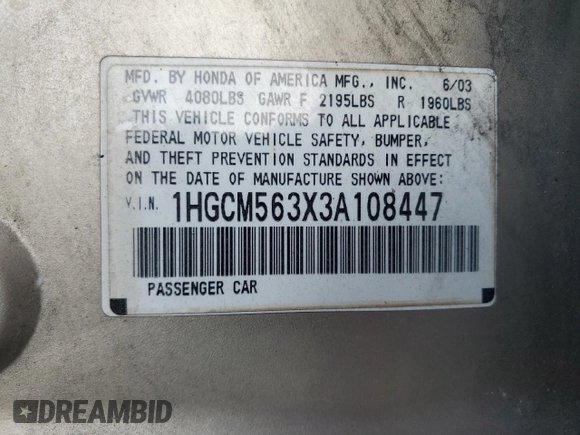 2003 Honda Accord LX with VIN 1HGCM563X3A108447, listed as a Copart auction lot 60288235 with 142,381 mi miles and Salvage title. Bid and sale history available at DreamBid. Image 12.