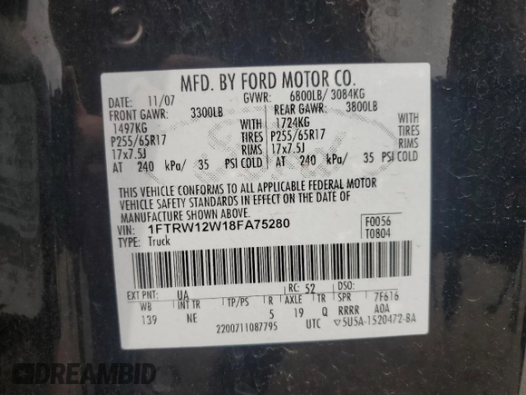 2008 Ford F-150 XL с VIN 1FTRW12W18FA75280, выставлен на аукционе Copart как лот 60864915 с пробегом 206 148 миль миль и Списание • Salvage title. История ставок и продаж доступна на DreamBid. Изображение 13.