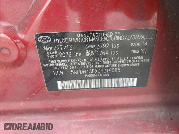 2013 Hyundai Elantra GLS с VIN 5NPDH4AEXDH319085, выставлен на аукционе Copart как лот 58473355 с пробегом 141 017 миль миль и Списание • Salvage title. История ставок и продаж доступна на DreamBid. Изображение 12.