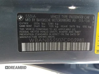 2007 BMW 5 Series 550i with VIN WBANB53507CP03981, listed as a Copart auction lot 50987905 with 163,247 mi miles and Salvage Title. Bid and sale history available at DreamBid. Image 13.