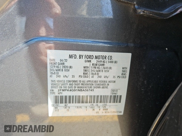 2022 Ford Edge SE with VIN 2FMPK4G91NBA56745, listed as a IAAI auction lot 42743482 with 38,989 mi miles and . Bid and sale history available at DreamBid. Image 25.