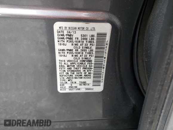 2013 Infiniti FX with VIN JN8CS1MU7DM142343, listed as a Copart auction lot 49044635 with 182,106 mi miles and Salvage Title. Bid and sale history available at carsss.com. Image 16.