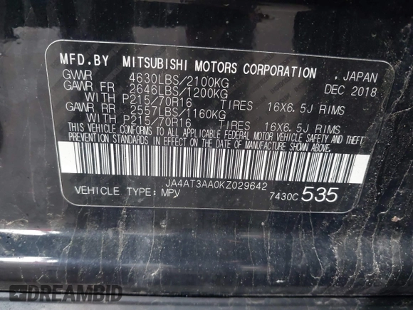 2019 Mitsubishi Eclipse Cross ES z VIN JA4AT3AA0KZ029642, wystawiony jako IAAI lot #42182240 z przebiegiem 144 028 mil mil oraz . Historia ofert i sprzedaży dostępna na DreamBid. Obrazek 9.