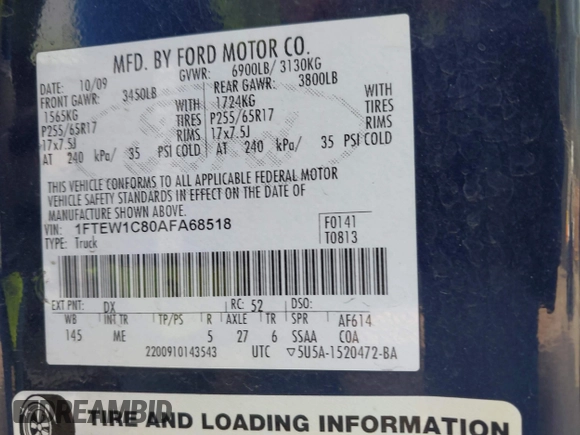 2010 Ford F-150 XL with VIN 1FTEW1C80AFA68518, listed as a IAAI auction lot 41872405 with 193,759 mi miles. Bid and sale history available at carsss.com. Image 9.
