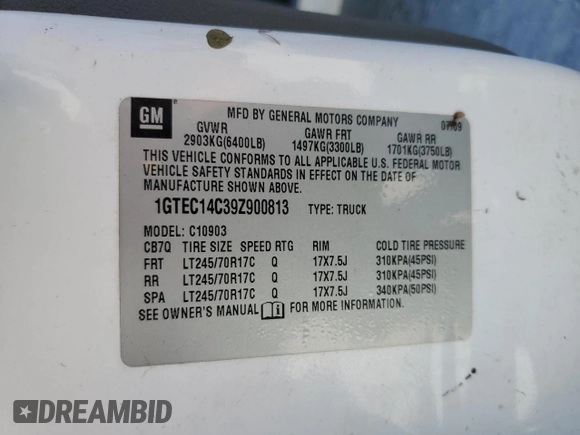 2009 GMC Sierra 1500 Work Truck z VIN 1GTEC14C39Z900813, wystawiony jako Copart lot #82673734 z przebiegiem Nie podano mil oraz Szkoda całkowita • Salvage title. Historia ofert i sprzedaży dostępna na DreamBid. Obrazek 13.