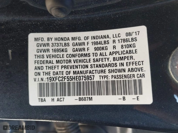 2017 Honda Civic Sedan LX with VIN 19XFC2F55HE075957, listed as a IAAI auction lot 41713041 with 61,538 mi miles. Bid and sale history available at carsss.com. Image 9.