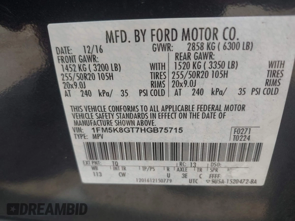 2017 Ford Explorer Sport with VIN 1FM5K8GT7HGB75715, listed as a IAAI auction lot 42570690 with 109,452 mi miles and . Bid and sale history available at DreamBid. Image 9.