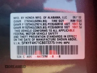 2012 Honda Pilot EX-L with VIN 5FNYF4H71CB072275, listed as a Copart auction lot 43347615 with Not Provided miles and Salvage Title. Bid and sale history available at DreamBid. Image 13.